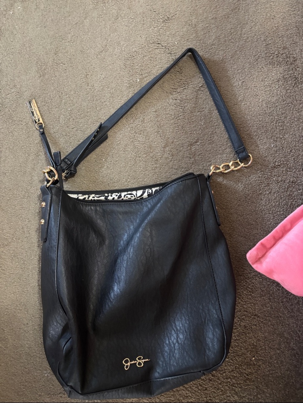 Jessica Simpson Black Faux-Leather Shoulder Hobo with Gold Hardware